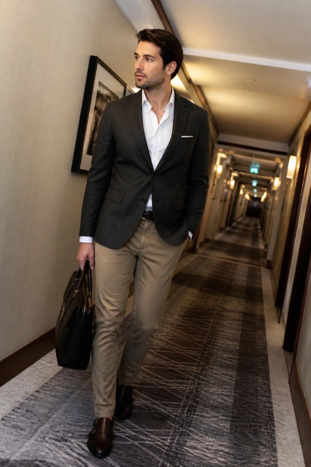 Man in gray blazer and khaki pants holding briefcase in hotel hallway