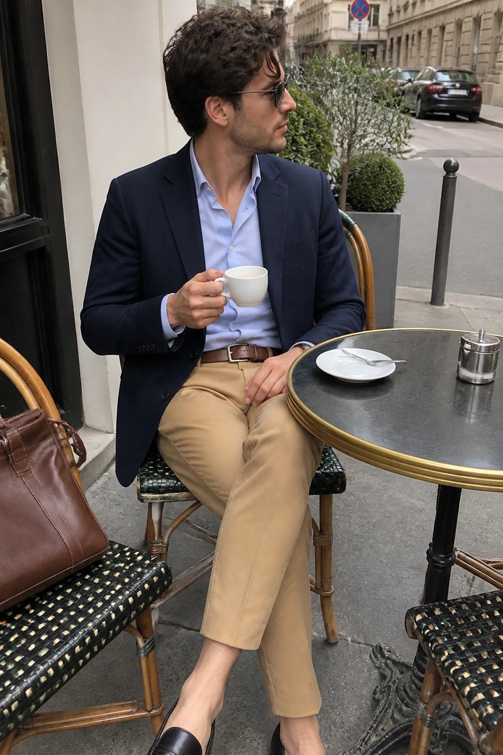 Man in navy blazer and khaki pants holding coffee at outdoor café table.