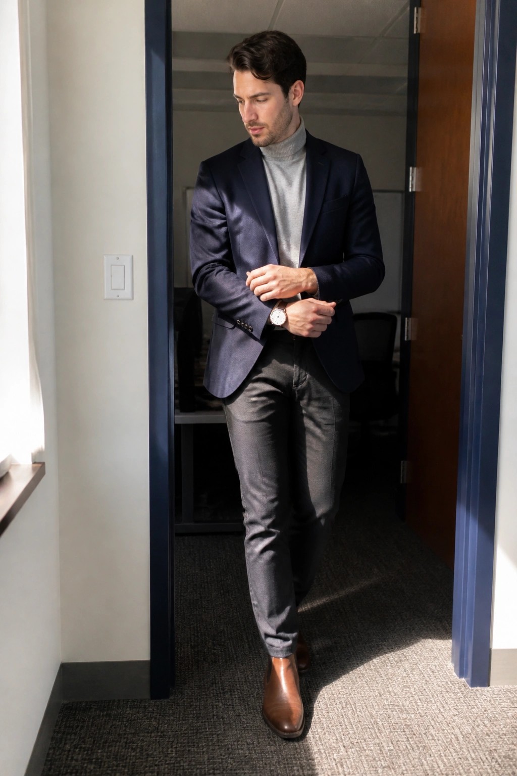 Man in navy blazer over gray turtleneck adjusts watch in office doorway