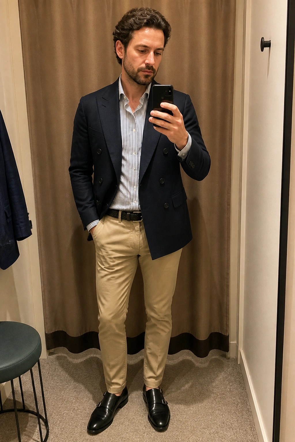 Man in navy double-breasted blazer and khaki pants taking mirror selfie