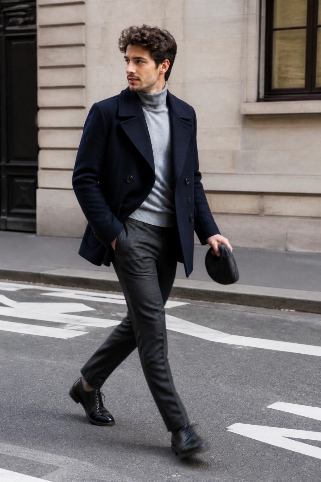 Man in navy peacoat over gray turtleneck walking on city crosswalk holding cap