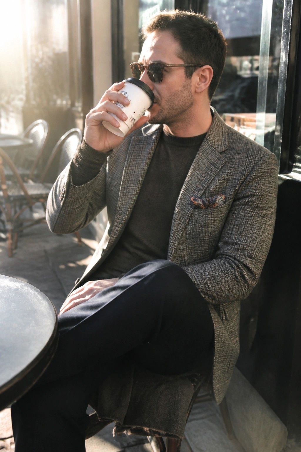 Man in gray plaid blazer sips coffee at sunny outdoor cafe table