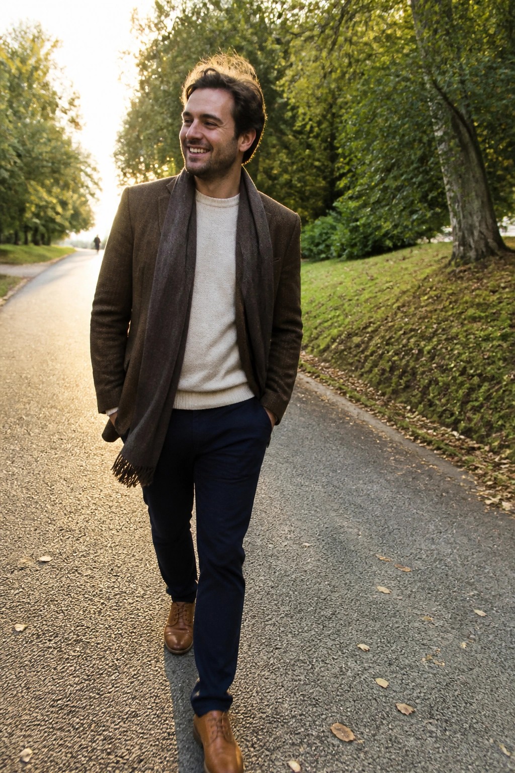 Smiling man in brown tweed jacket and scarf on autumn park path