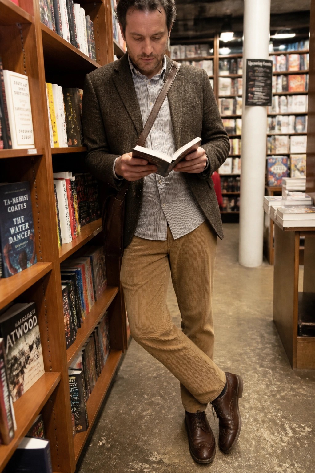 Man in tweed blazer and corduroy pants reads open book in bookstore