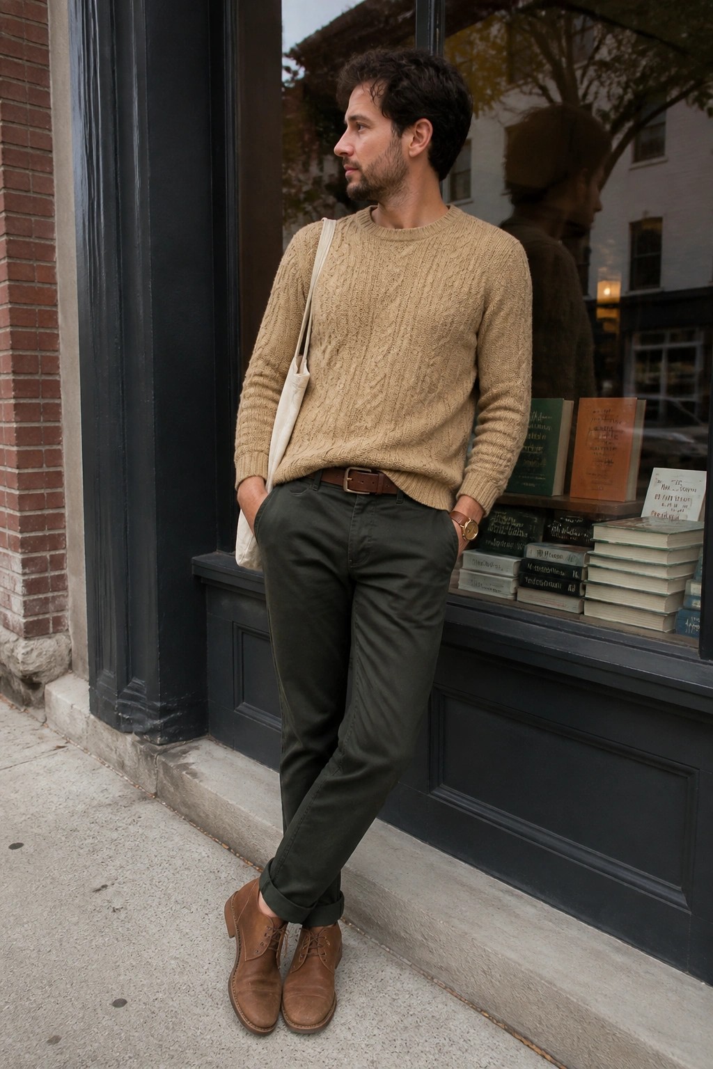 Man in beige cable-knit sweater and green pants with tote bag by bookstore window