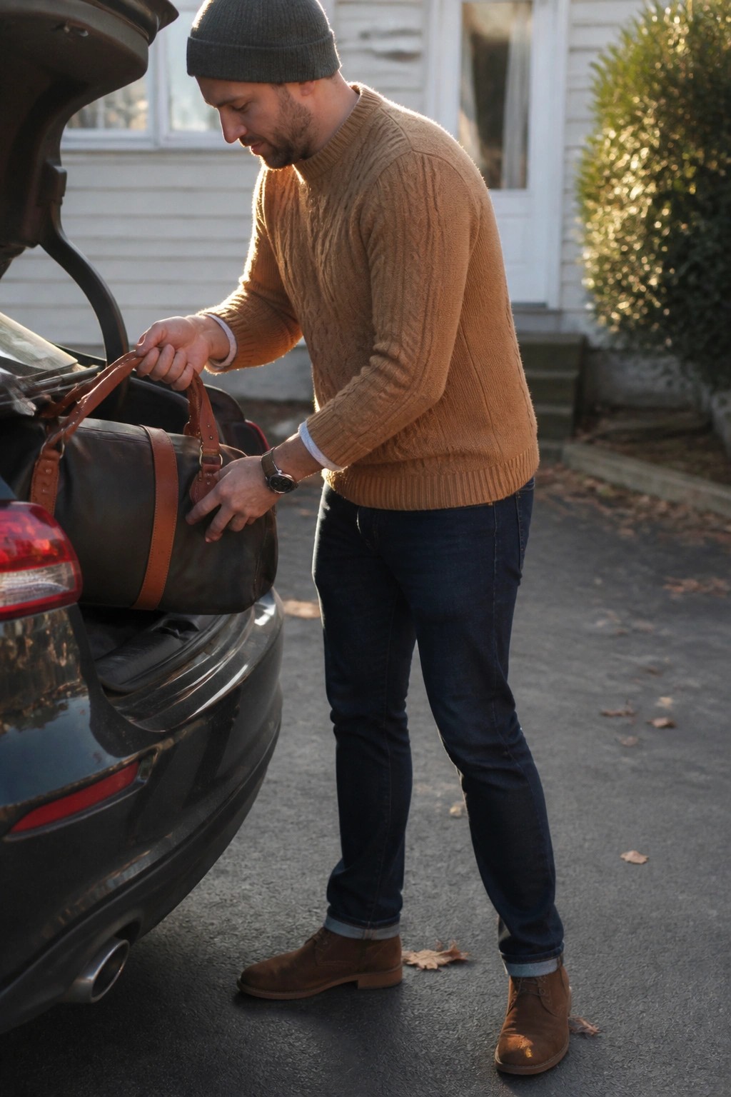 Man in brown cable-knit sweater loading duffel bag into car trunk