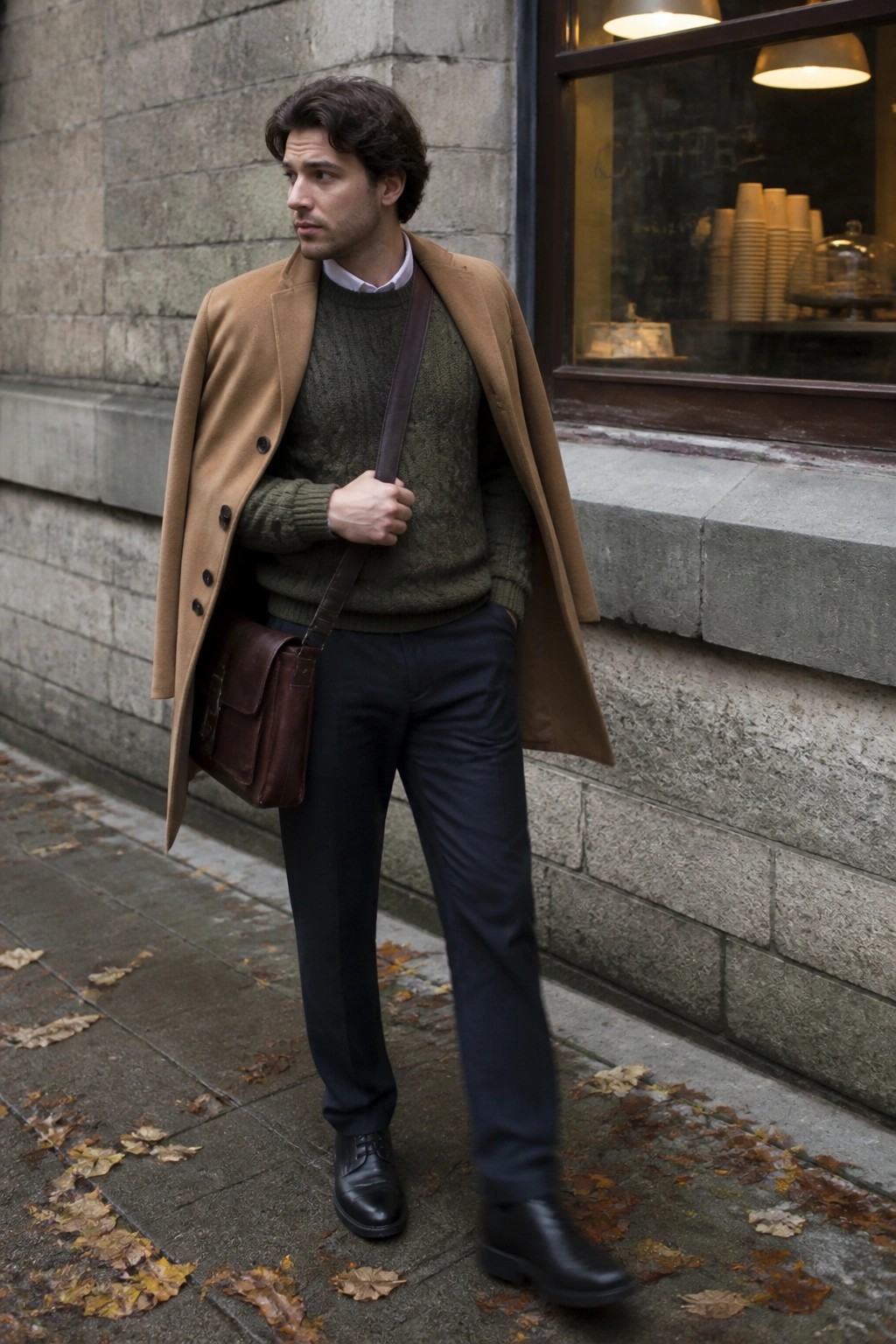 Man in tan overcoat and green sweater with leather bag on autumn sidewalk