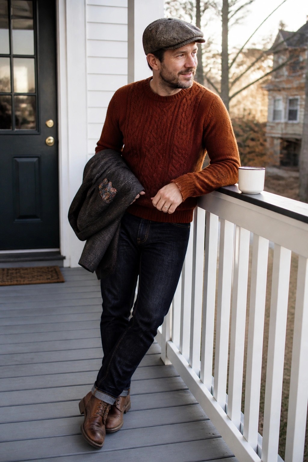 Man in rust cable-knit sweater and cap holds jacket on porch with mug