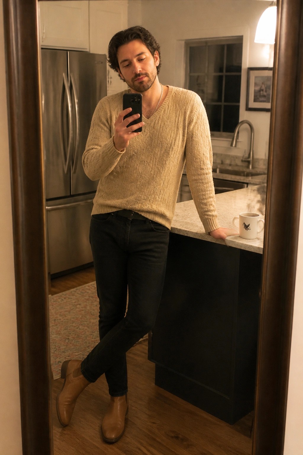 Man in beige sweater takes mirror selfie in kitchen with coffee mug