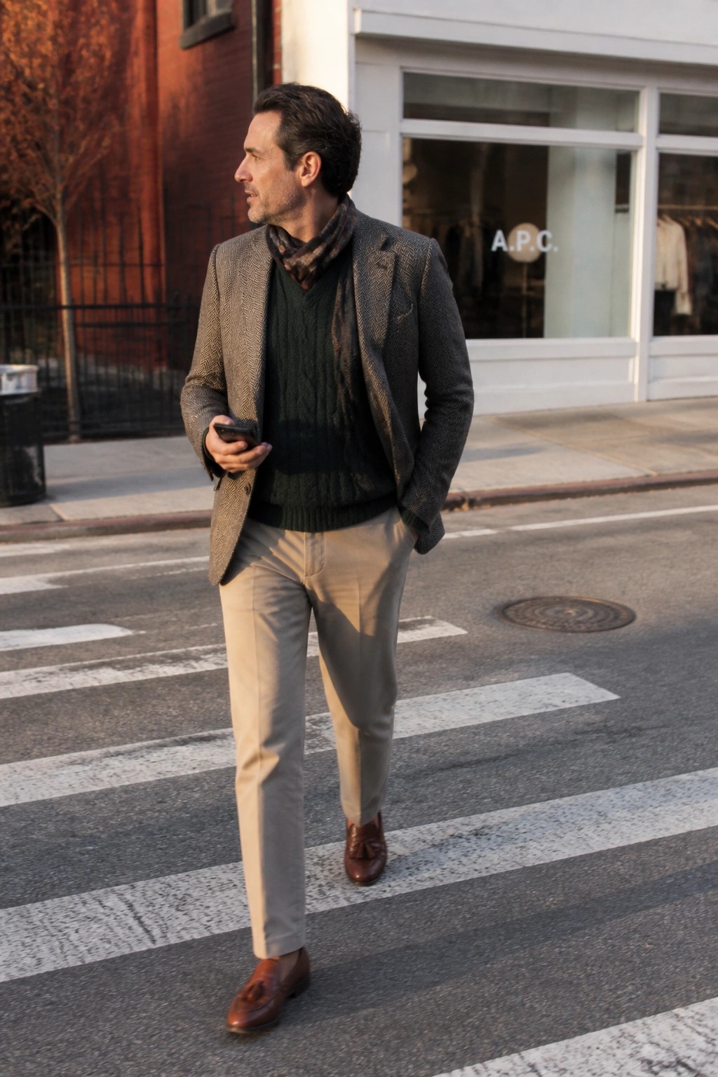 Man in herringbone blazer and green sweater crosses city street holding phone.