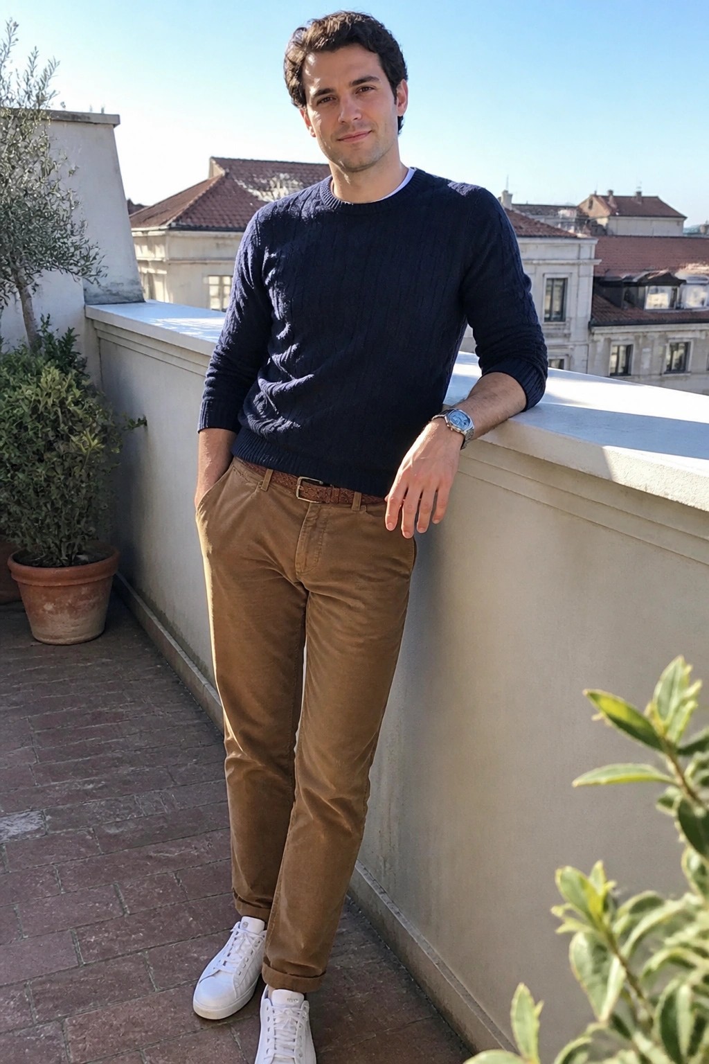 Man in navy cable-knit sweater and brown pants leaning on sunny balcony railing