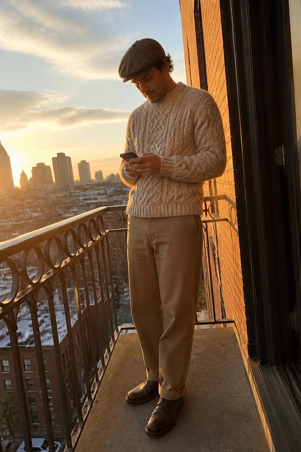 Man in cream cable-knit sweater and cap views phone on sunset city balcony