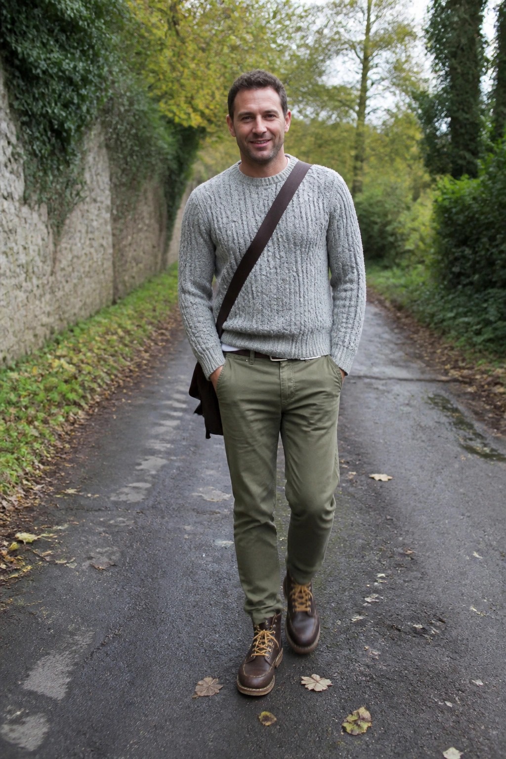 Man in gray sweater and olive pants with brown boots on leafy path.