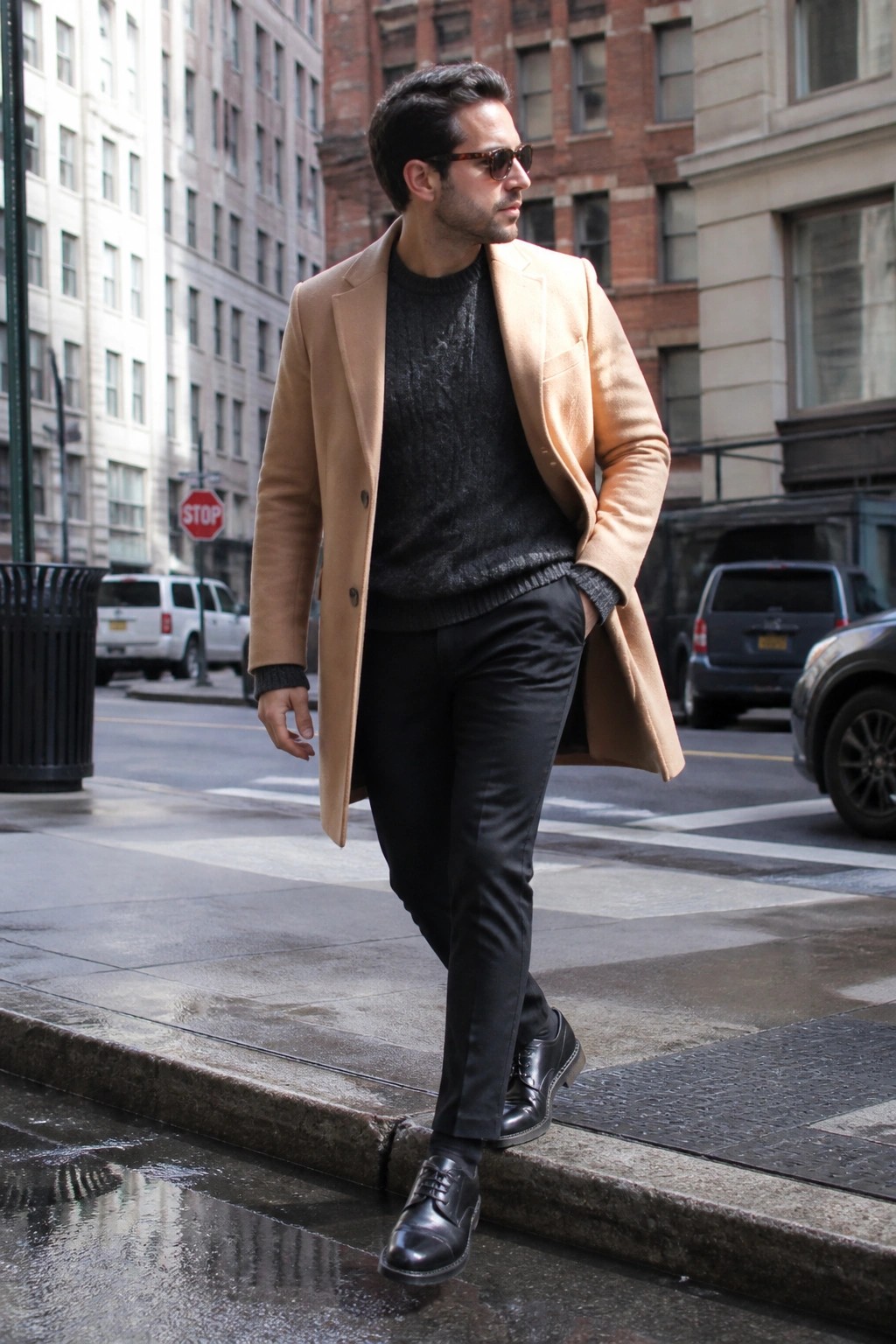 Man in tan overcoat and black sweater walks on city street