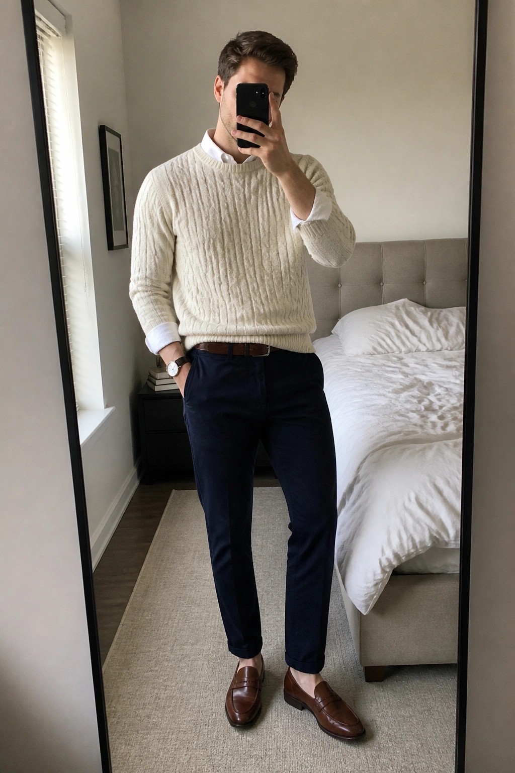 Man in cream cable-knit sweater and navy pants taking bedroom mirror selfie
