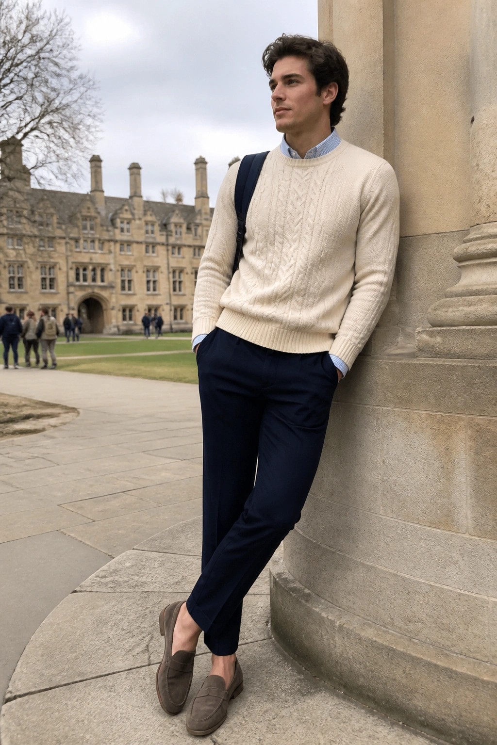 Young man in cream cable-knit sweater and navy pants leans against stone column on campus