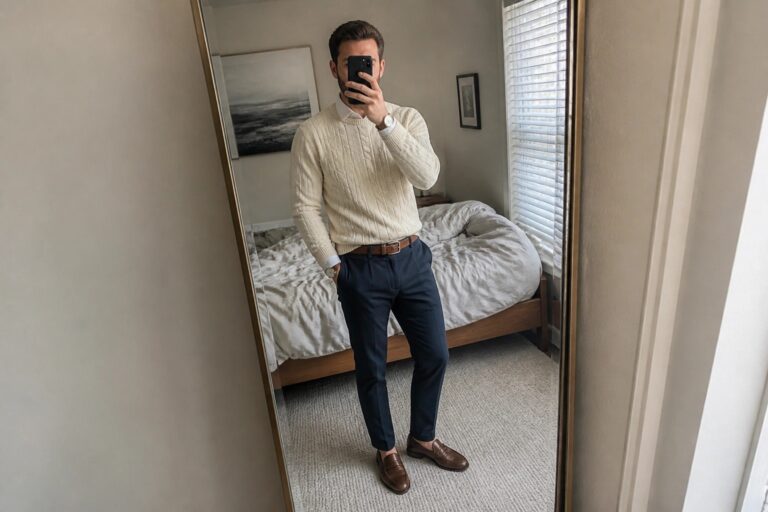 Man in cream cable-knit sweater and navy pants taking bedroom mirror selfie