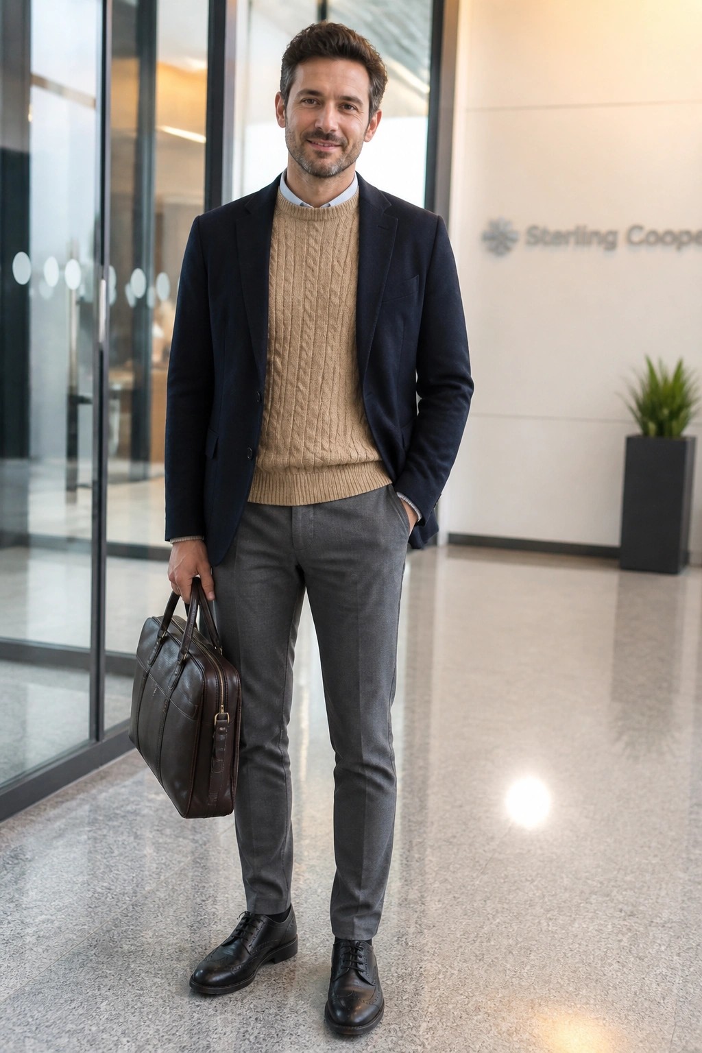 Man in navy blazer and beige sweater holding brown briefcase in office lobby