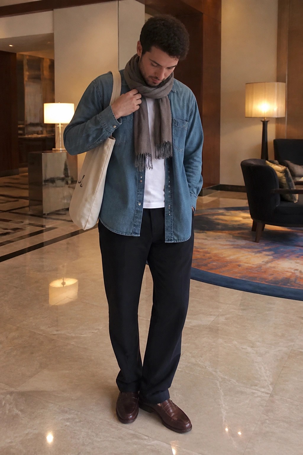 Man in denim shirt and gray scarf holding tote bag in elegant lobby.