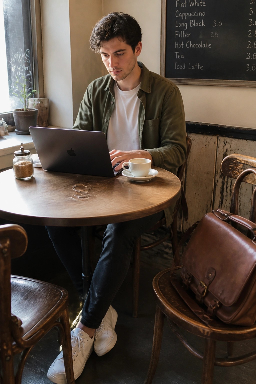 Young man in green shirt types on laptop at cafe table with coffee and leather bag
