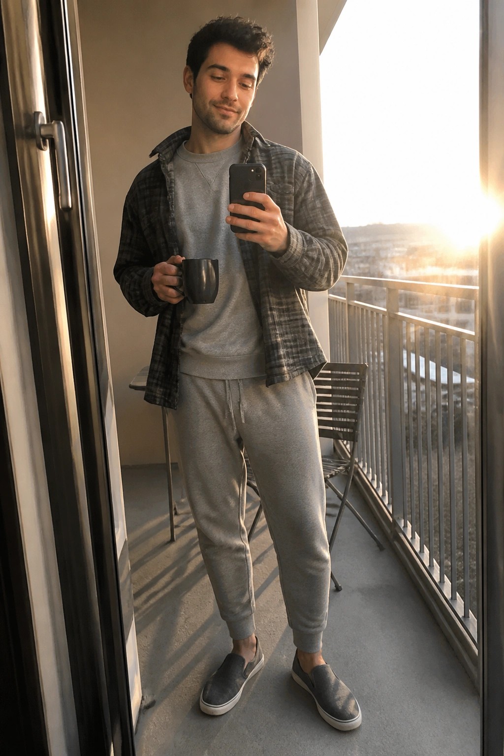 Man in gray sweatsuit and open plaid shirt takes balcony selfie holding black mug