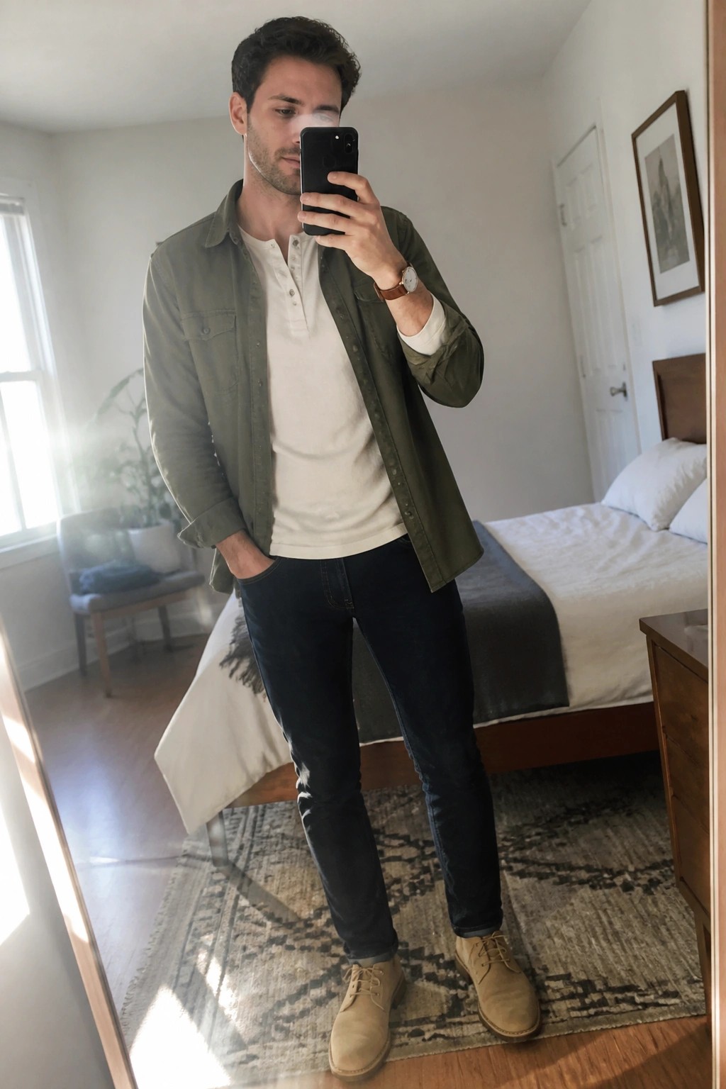 Man in green overshirt over white henley, dark jeans, and boots taking mirror selfie.
