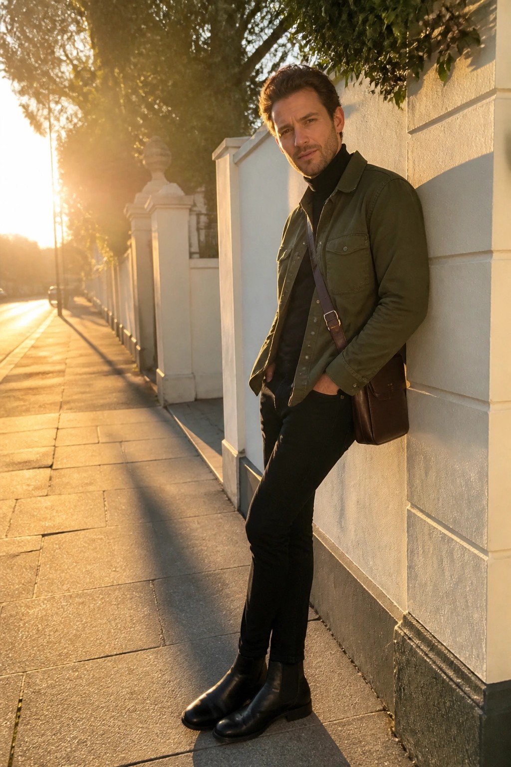 Man in green jacket and black turtleneck leaning on white wall at sunset with brown bag