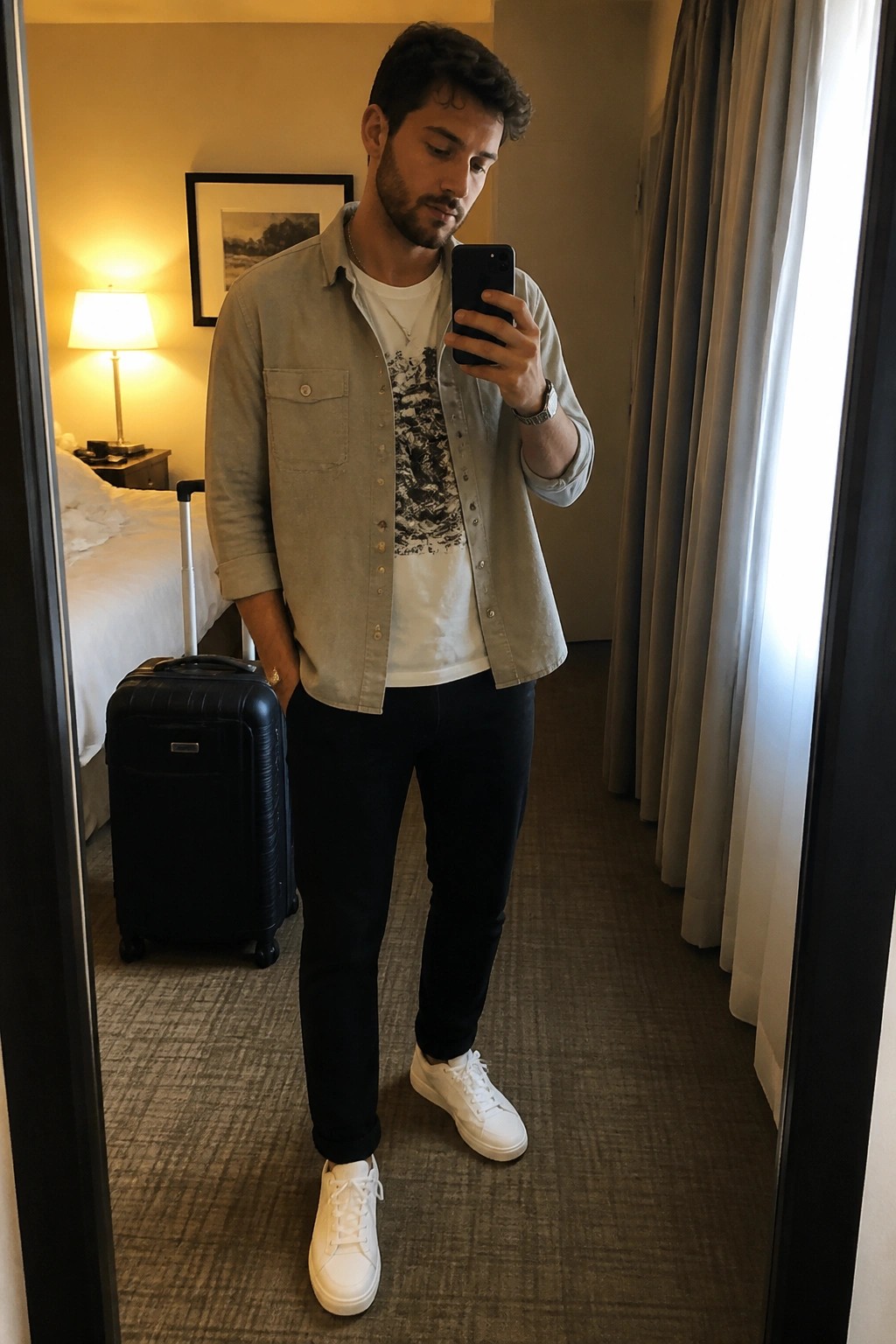 Man in gray shirt taking mirror selfie in hotel room beside black suitcase.