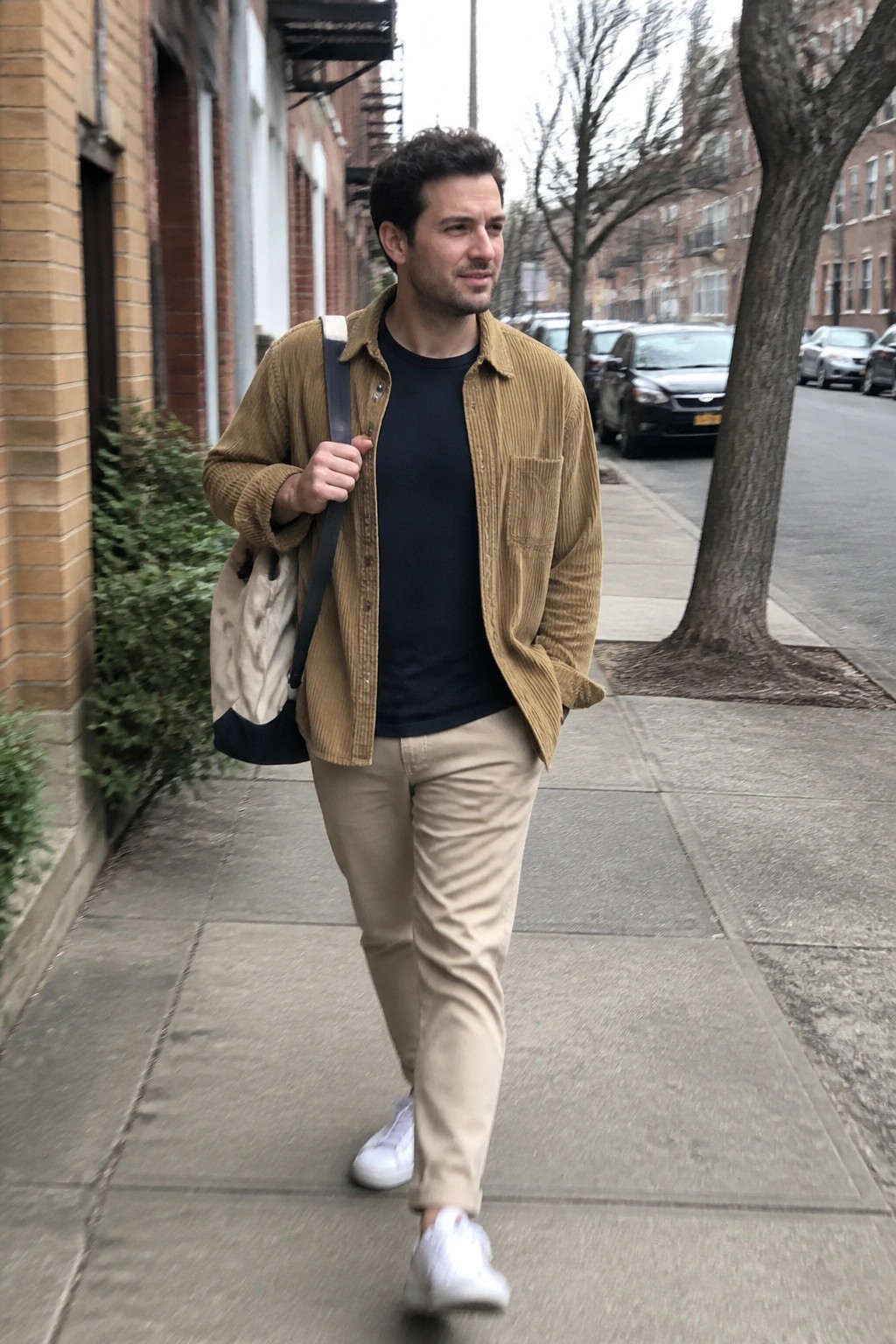 Man in brown corduroy jacket and beige pants walks city sidewalk with tote bag