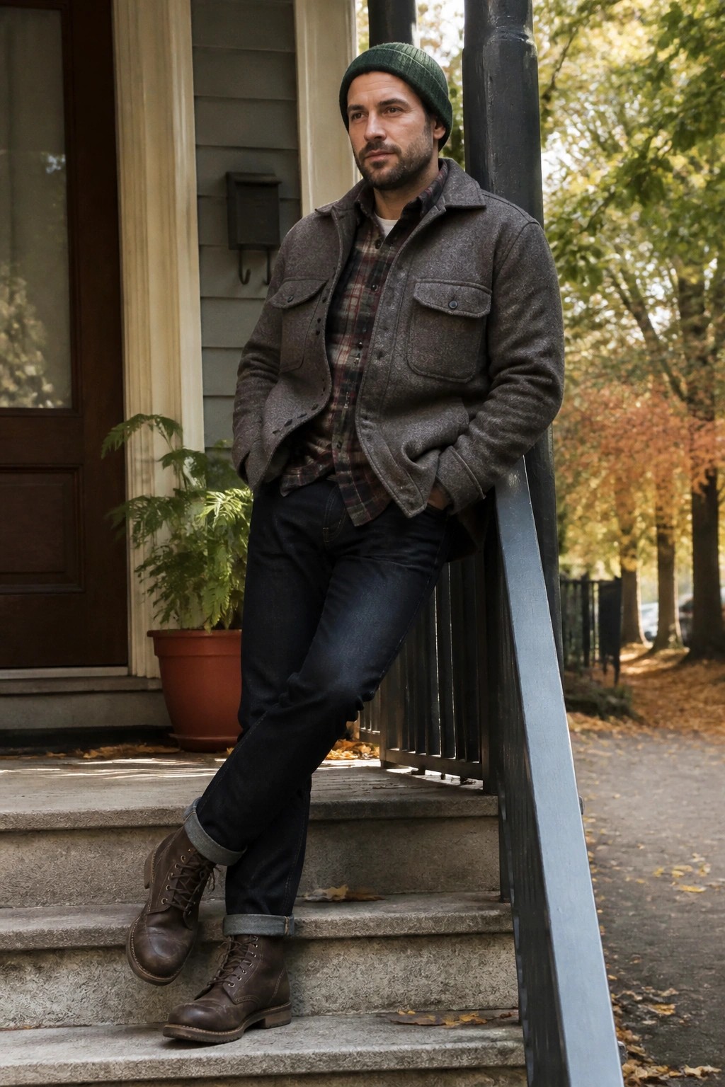Man in green beanie and gray wool jacket leaning on autumn porch steps.