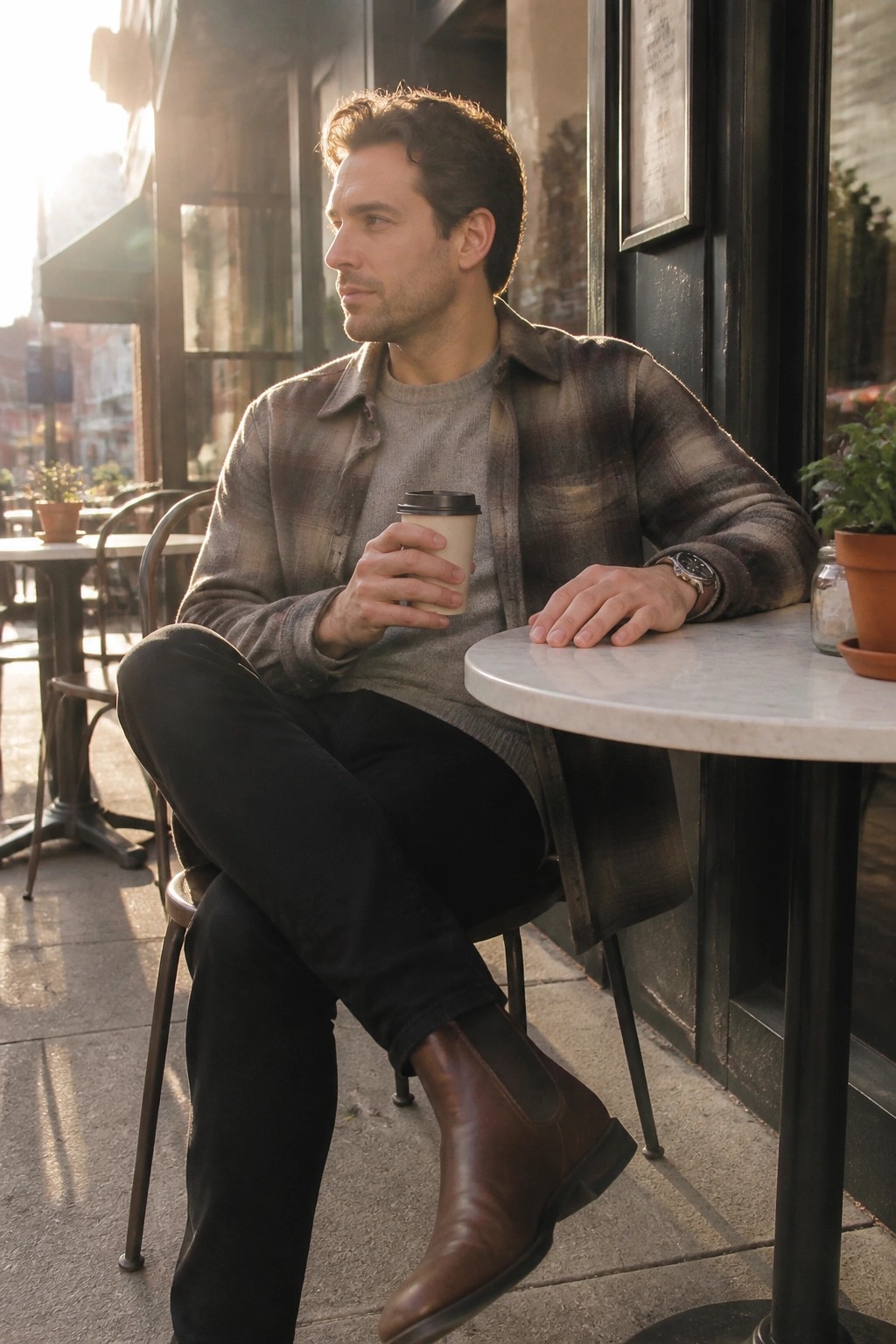 Man in plaid shirt holding coffee at sunny outdoor cafe table.