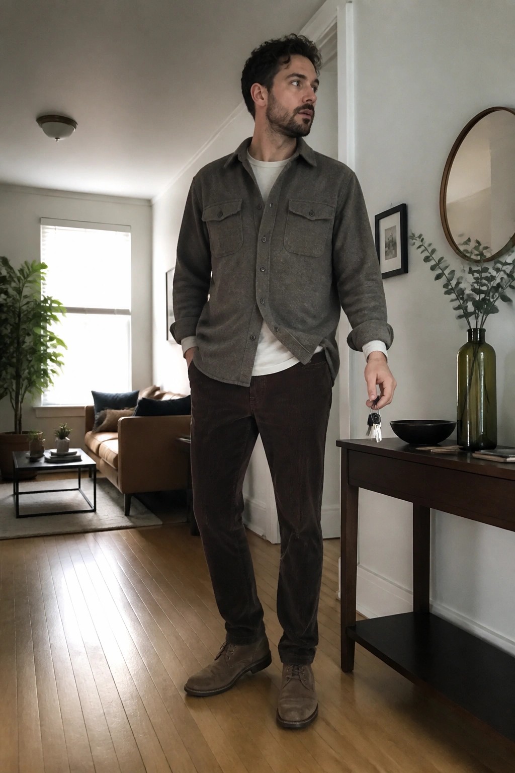 Man in gray shirt and brown corduroy pants holding keys in living room