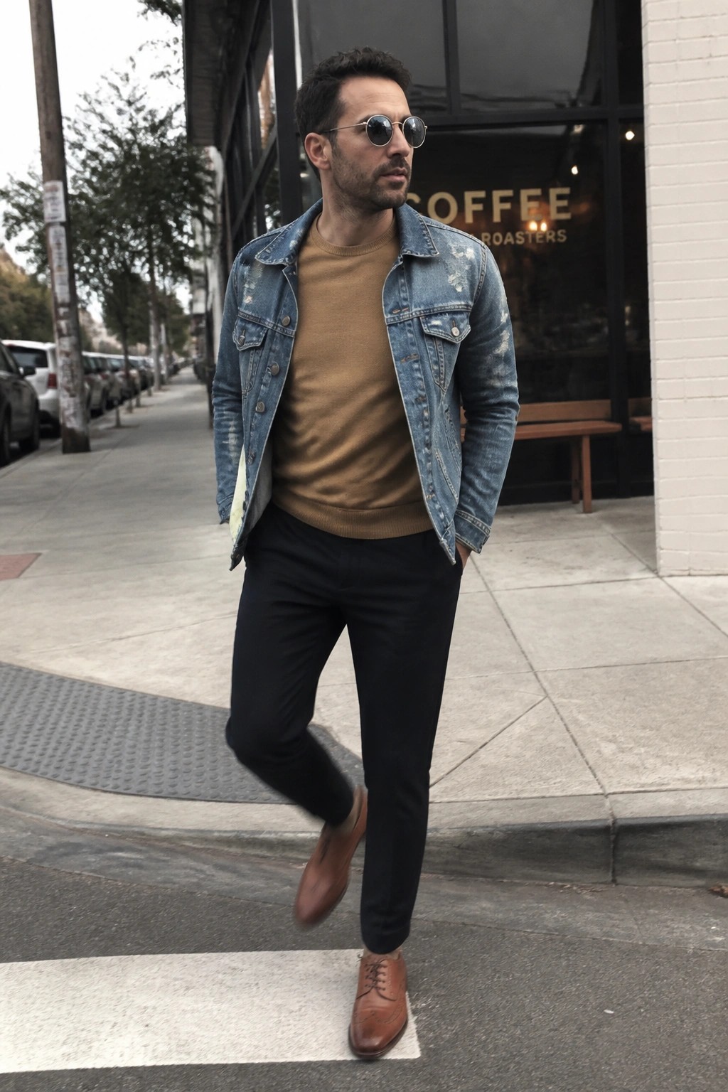 Man in distressed denim jacket, tan sweater, black pants, and brown shoes on sidewalk.