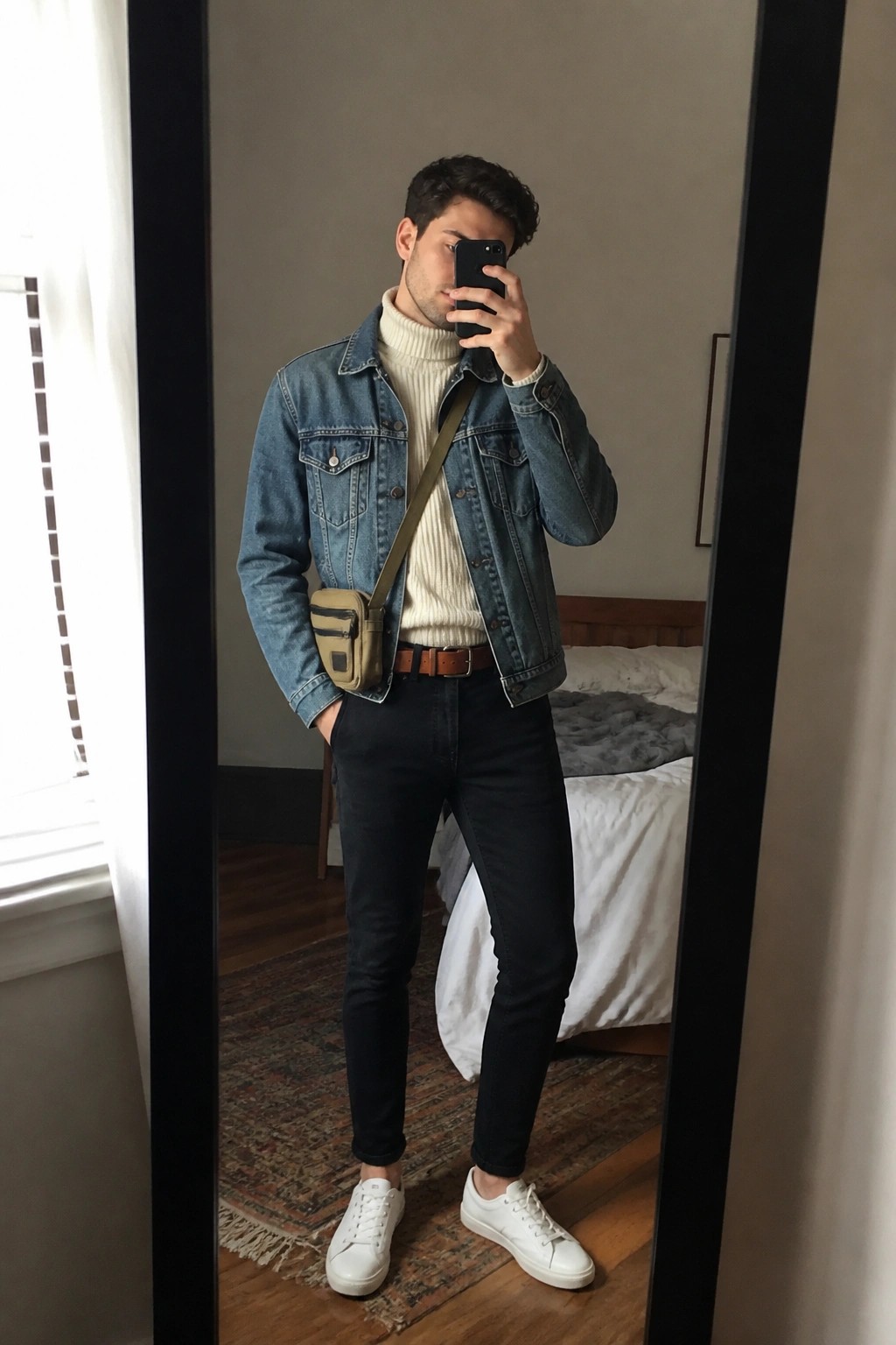 Man in blue denim jacket over white turtleneck taking mirror selfie in bedroom
