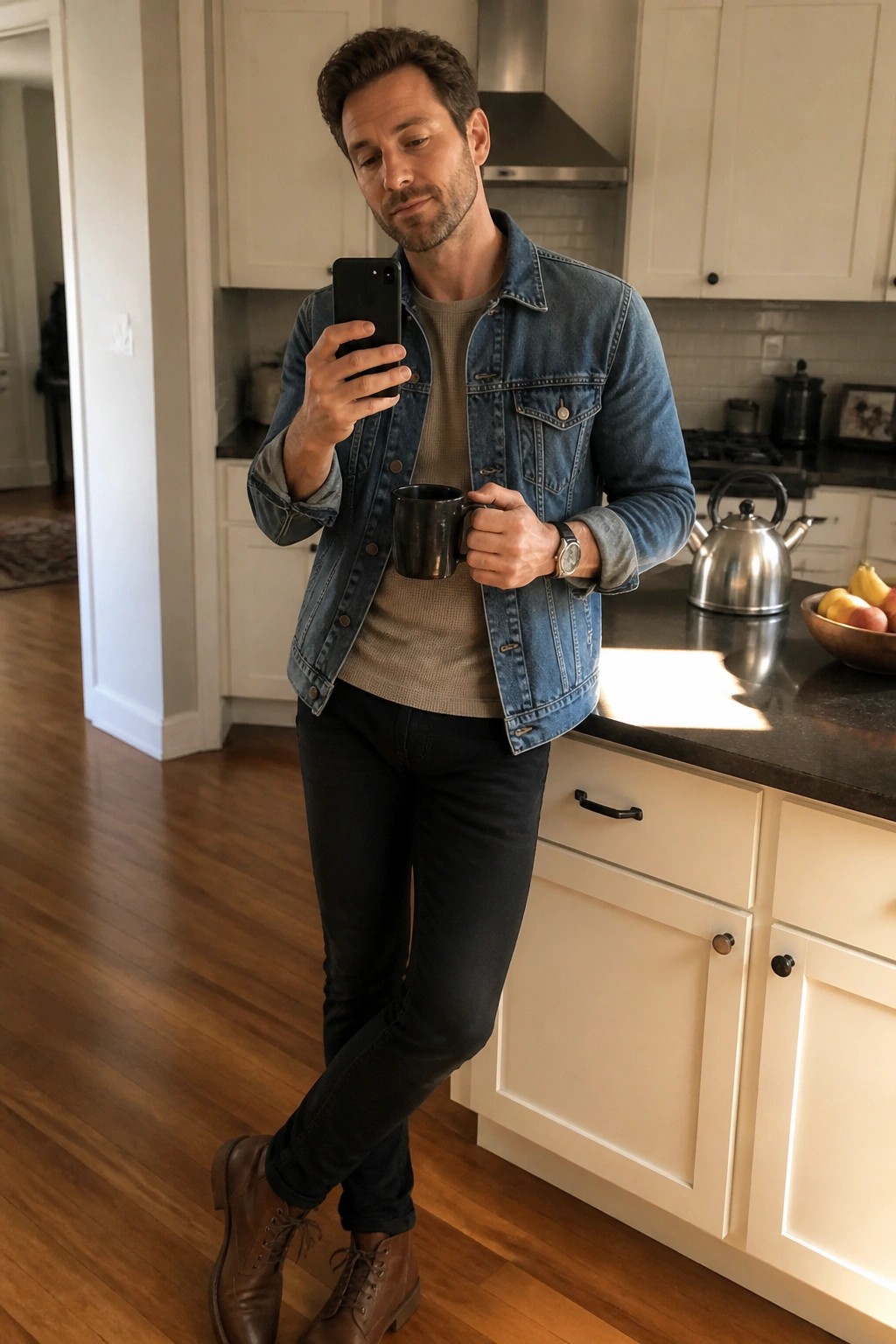 Man in denim jacket holds phone and black mug in modern kitchen