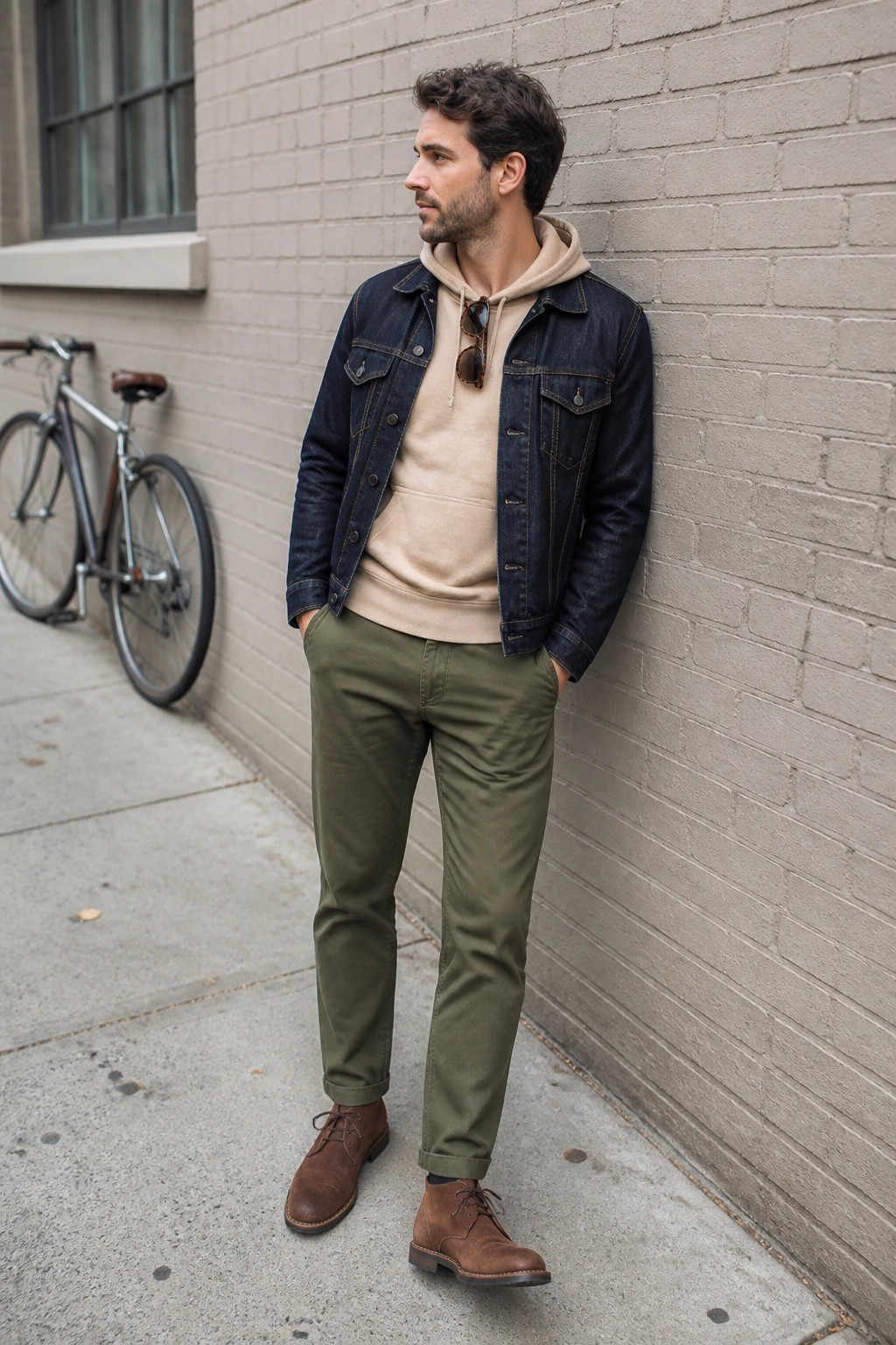 Man in denim jacket over beige hoodie and green pants leans on brick wall near bike