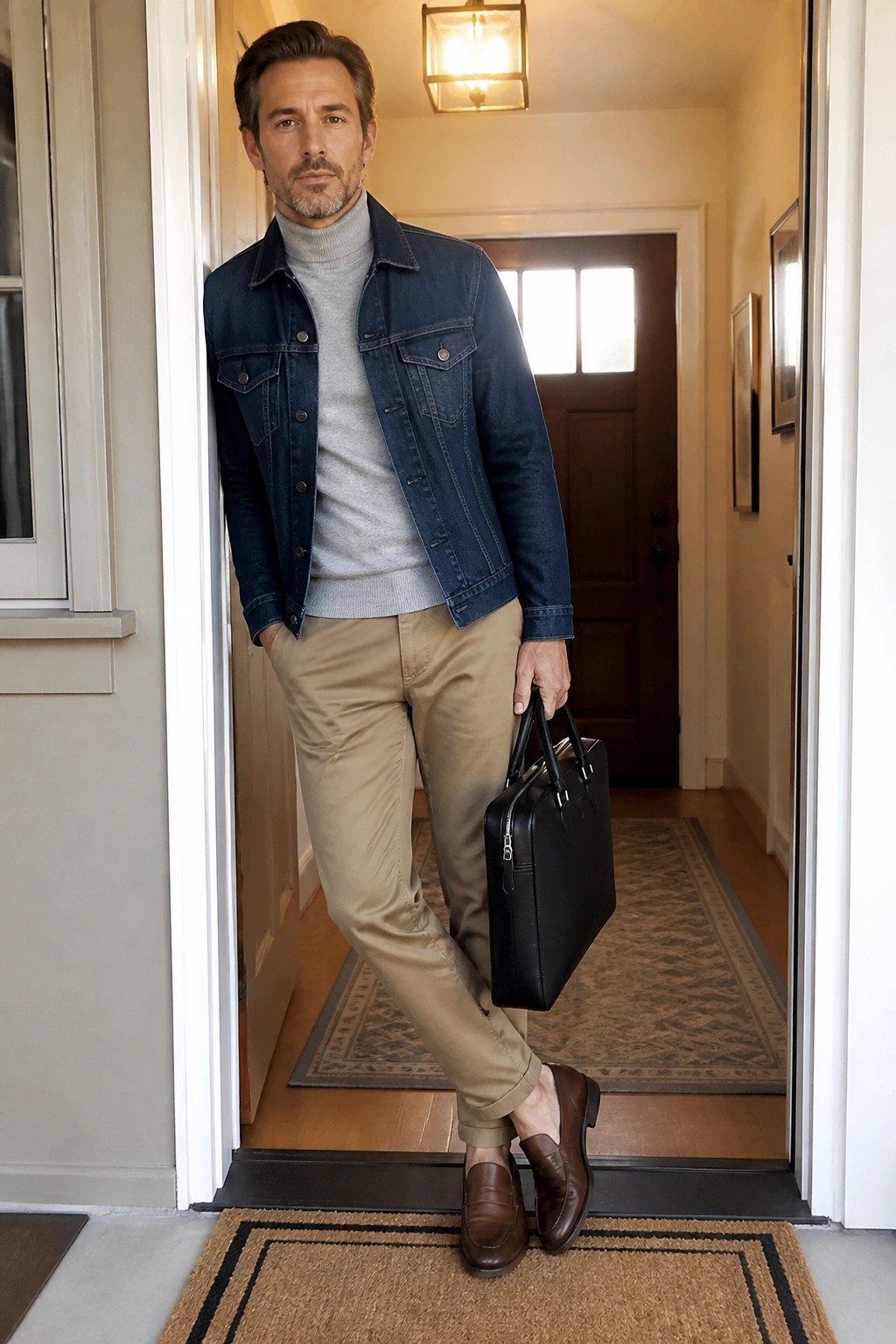 Man in blue denim jacket, gray turtleneck, khaki pants holding black briefcase at doorway
