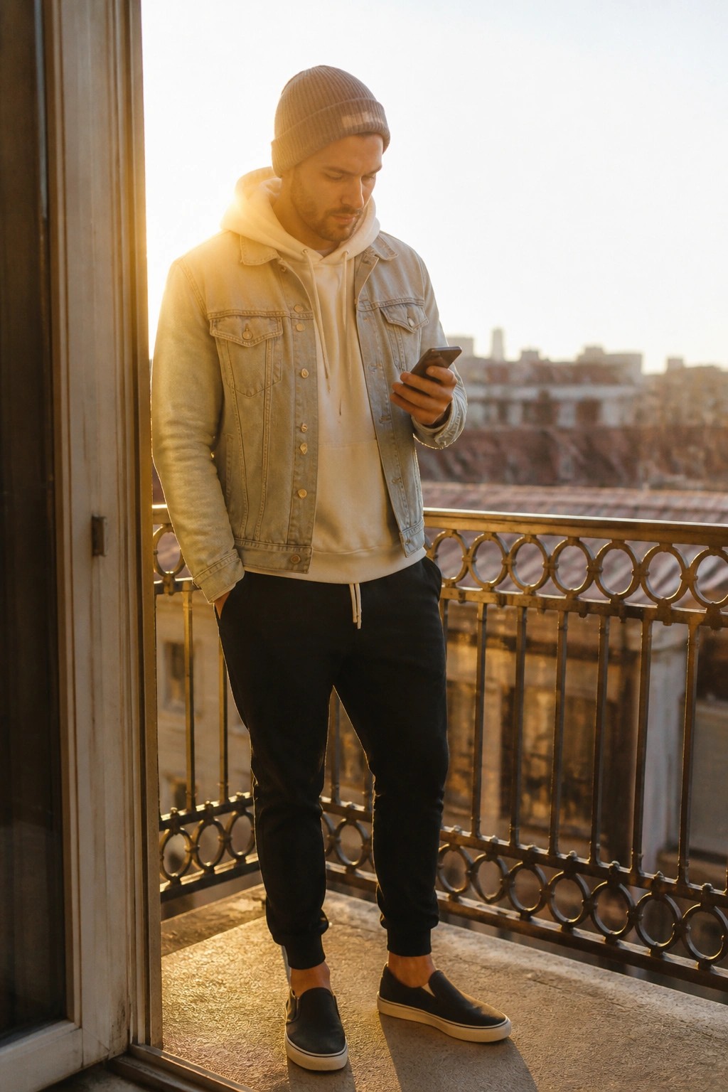 Man in denim jacket and beanie checks phone on sunlit balcony overlooking city