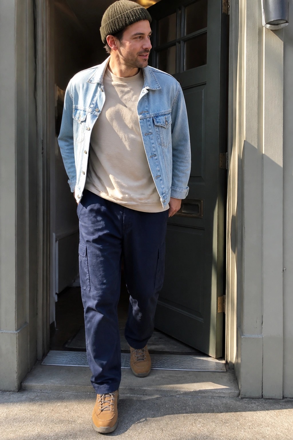 Man in green beanie, light blue denim jacket, and navy cargo pants at doorway