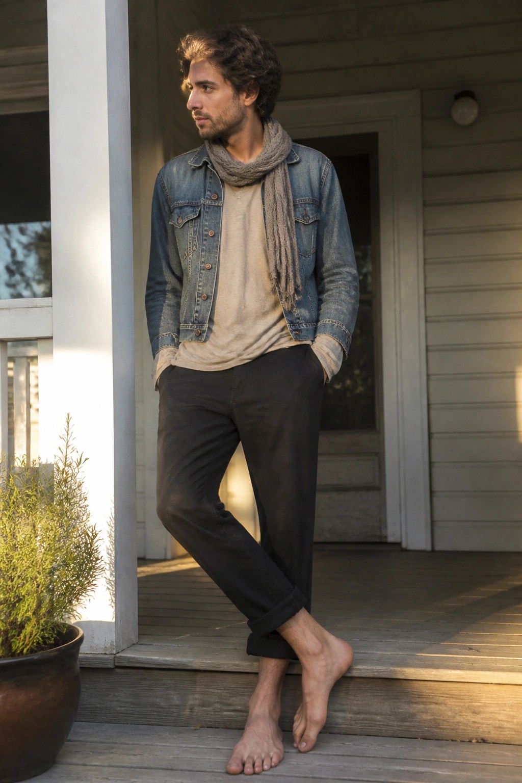 Curly-haired man in blue denim jacket and scarf stands barefoot on wooden porch.