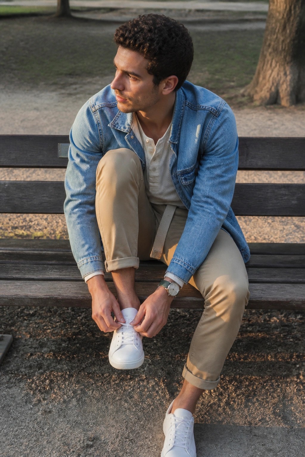Man in blue denim jacket tying white sneakers on wooden park bench
