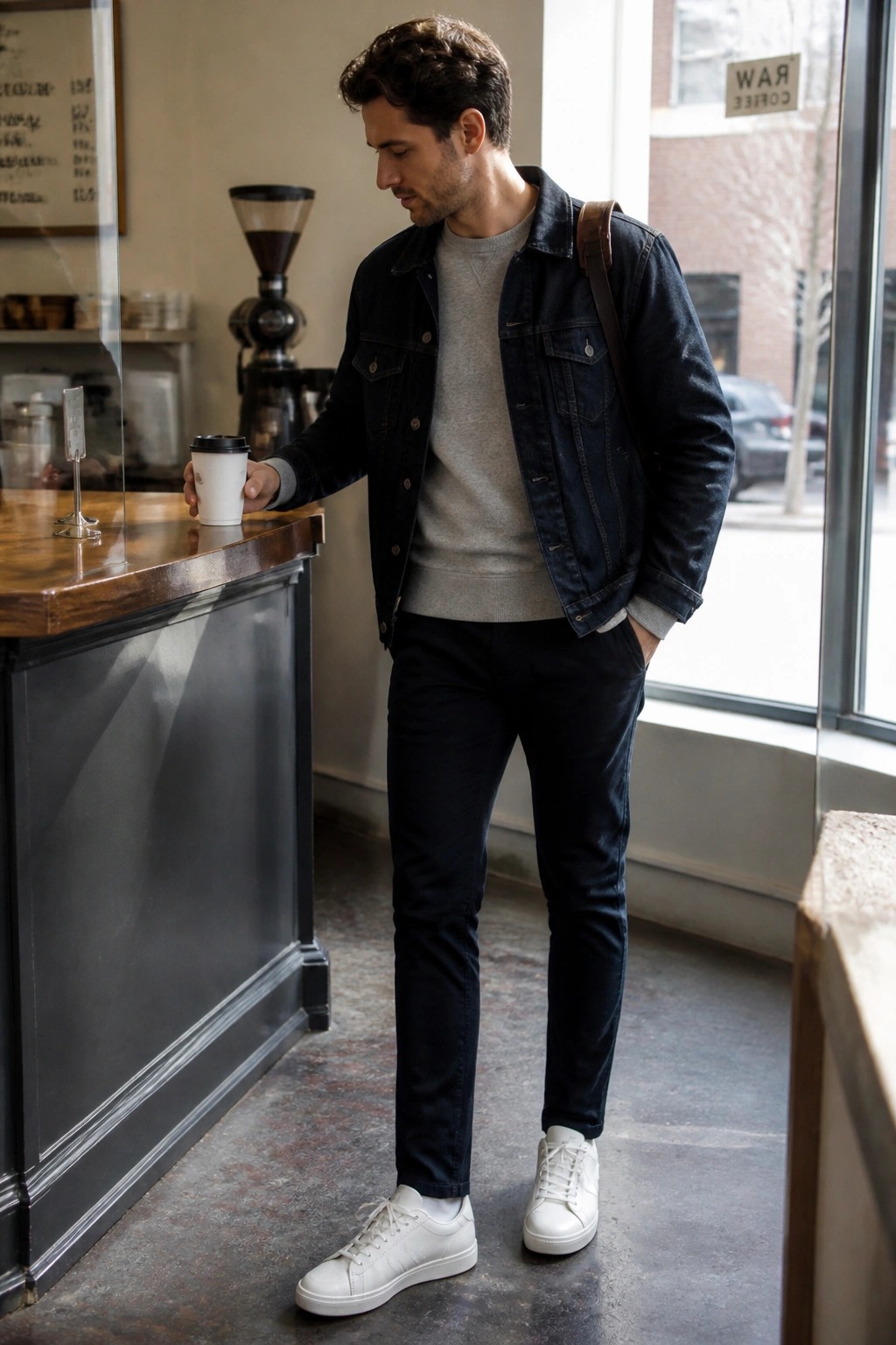 Man in dark denim jacket and white sneakers holds coffee in cafe