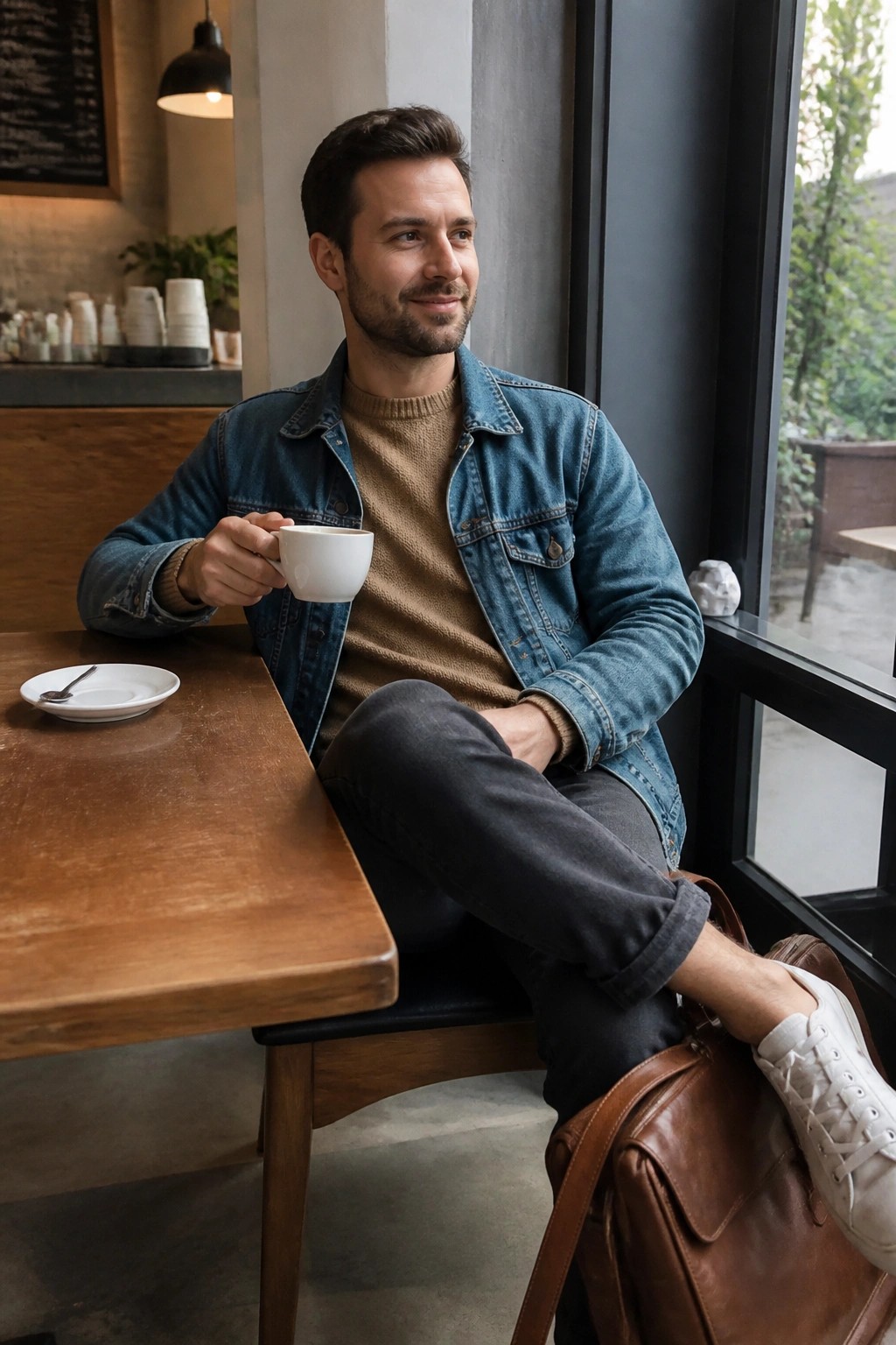 Man in denim jacket holds coffee cup at wooden cafe table with leather bag.