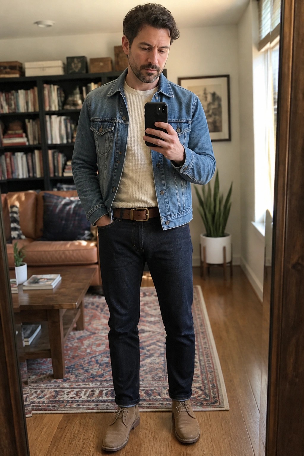 Man in blue denim jacket and dark jeans taking mirror selfie in living room