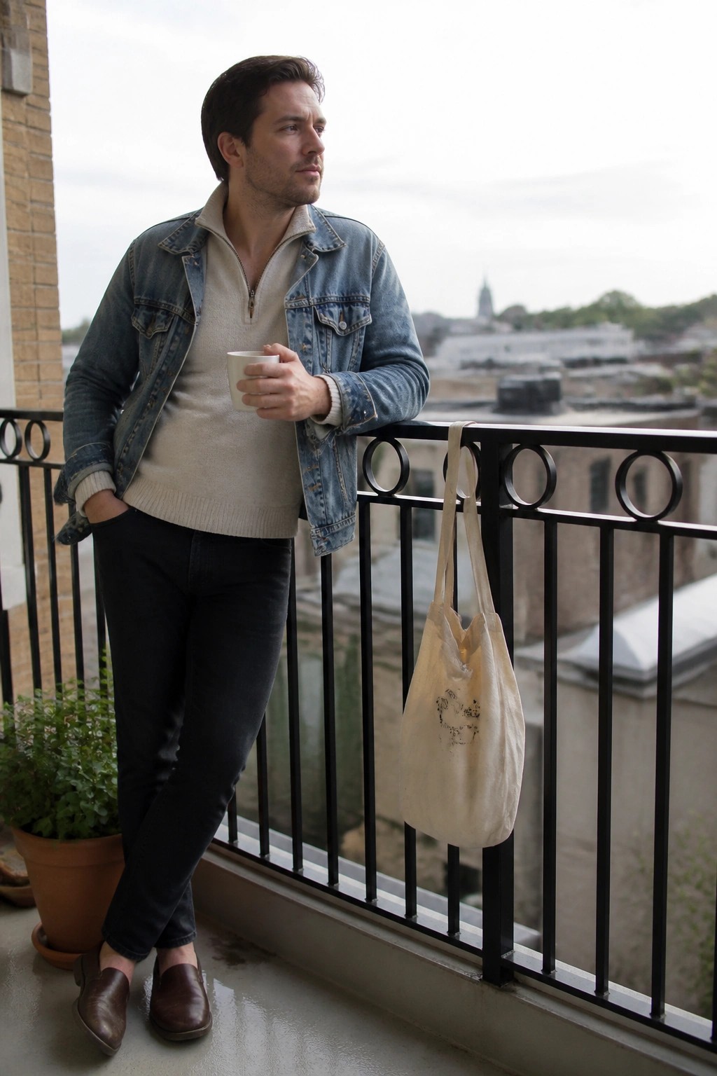 Man in denim jacket holds mug beside hanging tote bag on city balcony