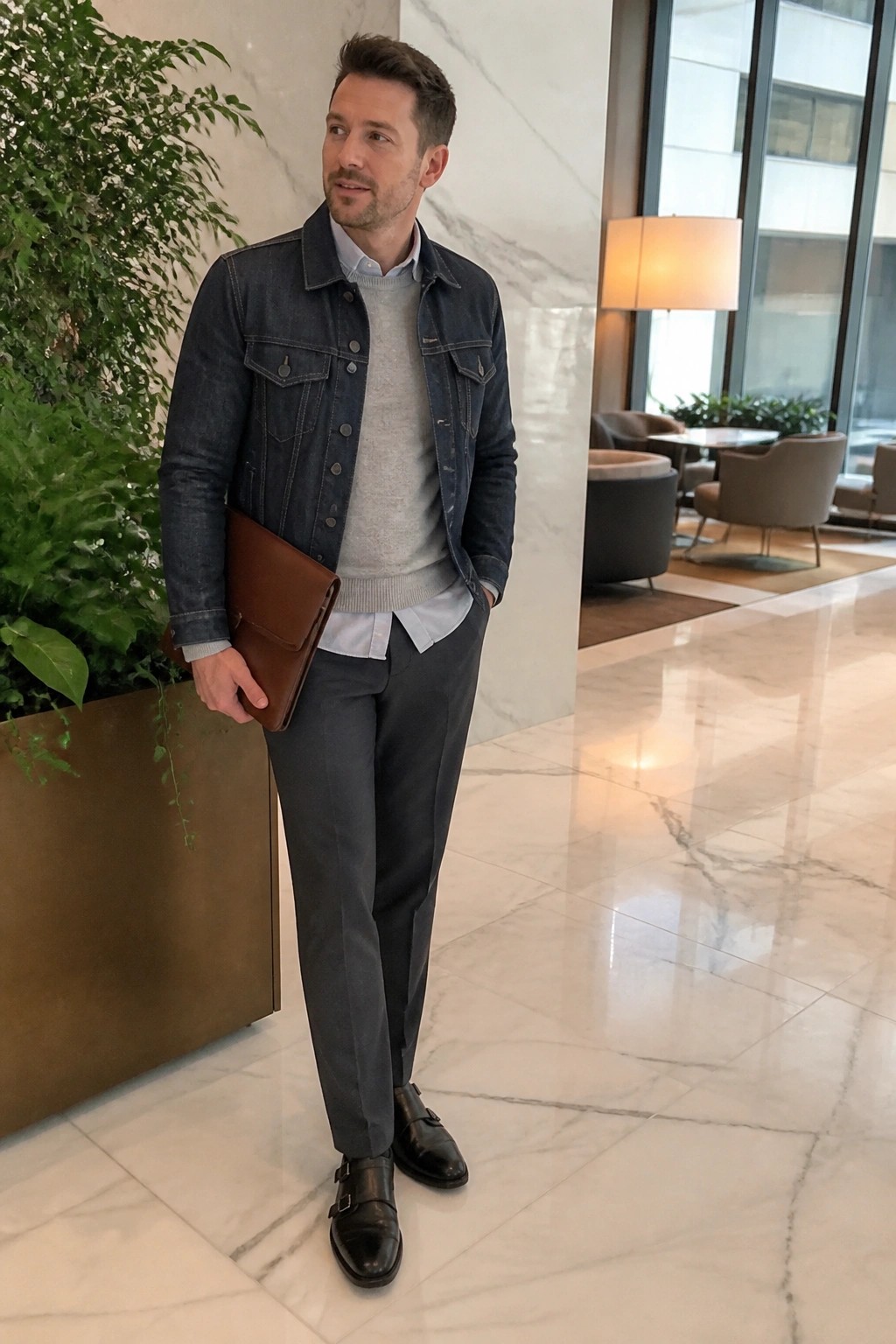 Man in denim jacket and gray pants holding brown leather portfolio in marble lobby.