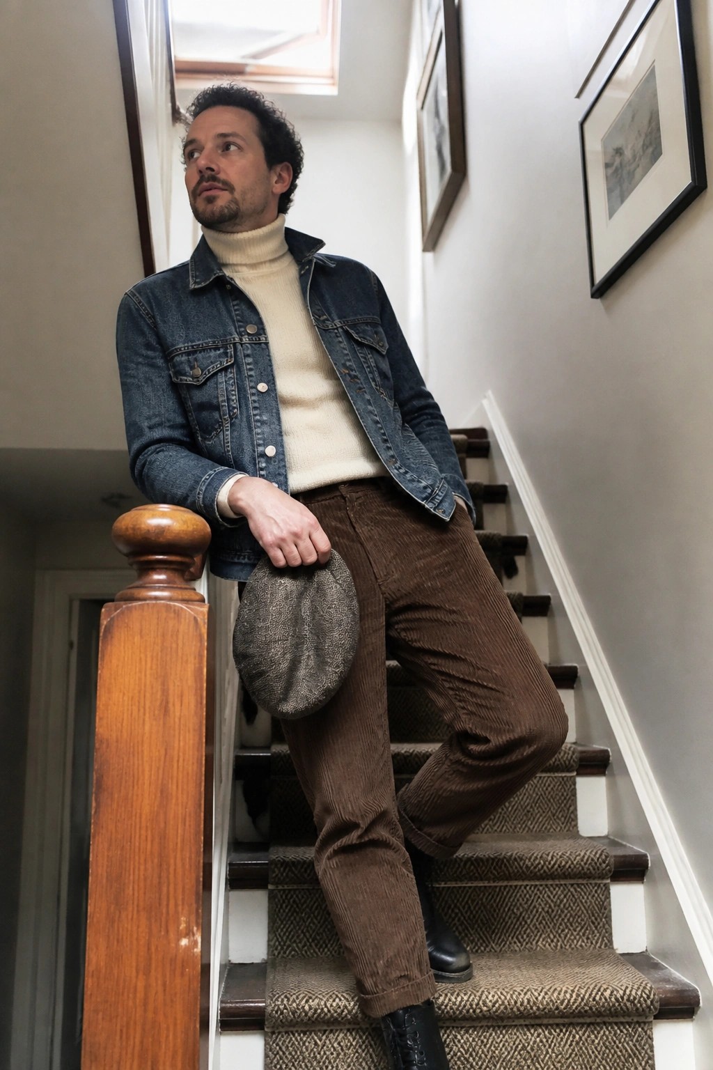 Man in denim jacket and turtleneck holding flat cap on carpeted staircase