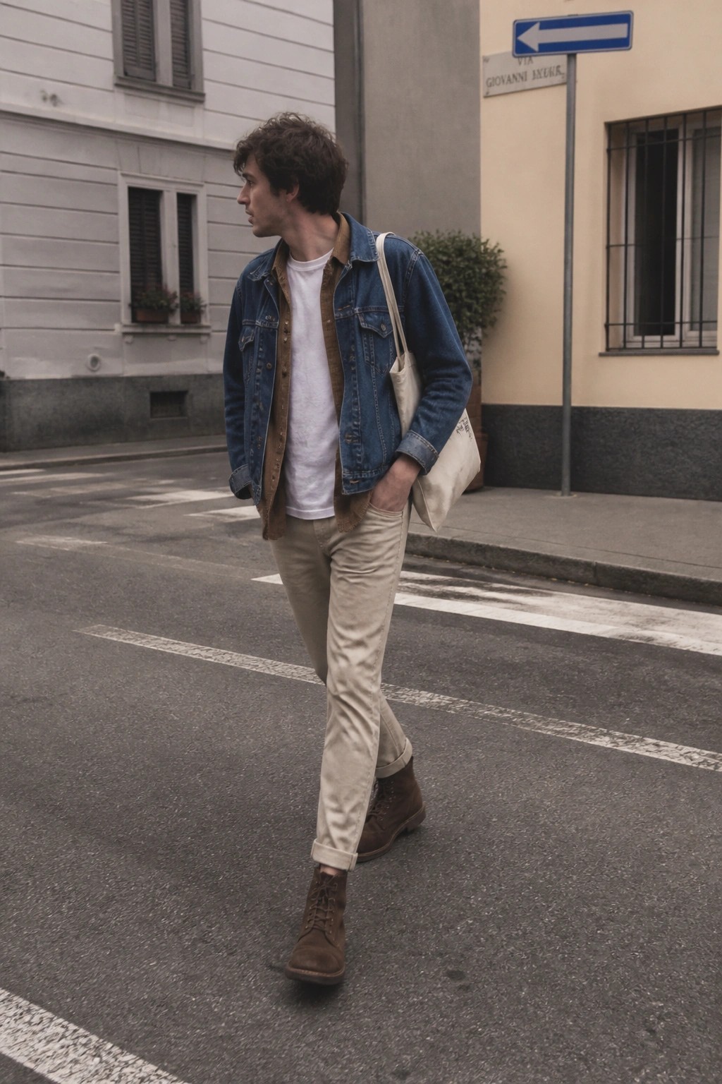 Curly-haired man in denim jacket and beige pants walks city street with tote bag.