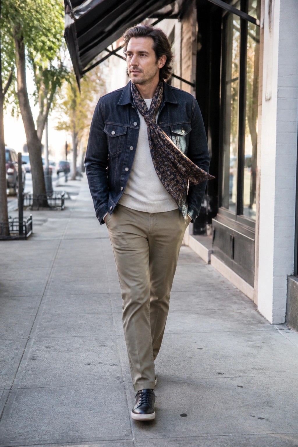 Man in dark denim jacket, patterned scarf, and khaki pants on city sidewalk.