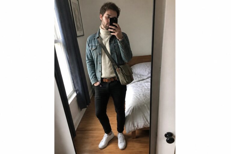 21 Modern Men’s Fall Casual Outfits Using Denim Jackets and Neutral Layers Man in blue denim jacket over white turtleneck taking mirror selfie in bedroom
